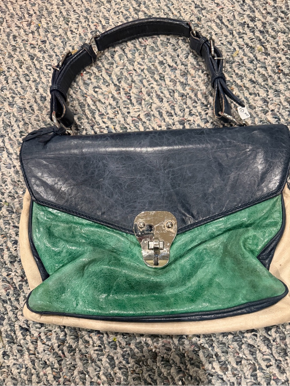 Balenciaga Leather Colorblock Shoulder Bag in Navy, Green & Cream